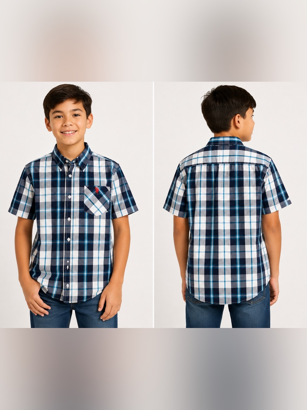 U.S. Polo Assn Boys Size 18 Plaid Short Sleeve Button Down Shirt Blue Cotton